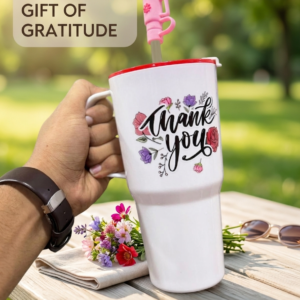"Thank You" Floral Printed Insulated Travel Tumbler Mug with Handle & Straw Cover