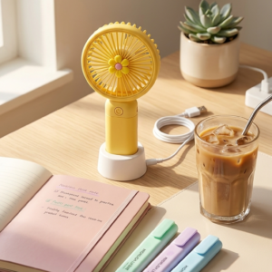 Portable Mini Handheld Fan with Base Stand & Cute Cartoon Embellishments – USB Rechargeable Personal Cooling Fan