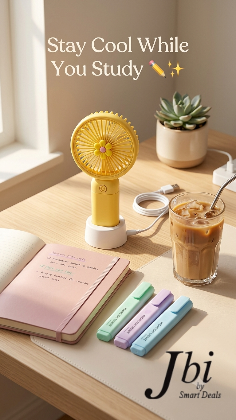 Portable Mini Handheld Fan with Base Stand & Cute Cartoon Embellishments – USB Rechargeable Personal Cooling Fan