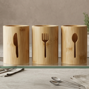 Bamboo 3-Piece Utensil and Cutlery Holder Set with Cut-Out Designs
