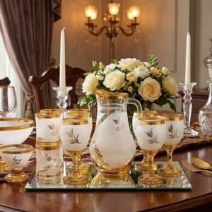 Luxury Gold Rimmed Glassware & Water Set – Frosted White Glass Pitcher, Goblets, Tumblers & Dessert Bowls with Gold Trim Accent