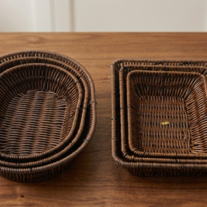 Premium Brown Synthetic Rattan Nesting Storage Baskets Set – Oval & Rectangular Trays (Set of 3