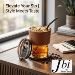 Amber Glass Tumbler Cup with Leather Sleeve, Straw & Dual-Sip Lid – Portable Reusable Coffee Mug for Iced Coffee, Tea & Water