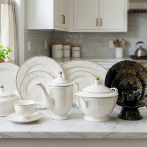 Luxury Royal Ceramic Dinnerware & Tea Set – Elegant White Porcelain Dinner Set with Subtle Floral Embossing & Gold Accents for Dining & Hosting