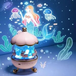 Dreamy Star Bunny Projector – 360° Rotating Musical Carousel Night Light