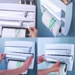3-in-1 Wall Mounted Kitchen Triple Paper Dispenser – Plastic Wrap, Aluminum Foil & Tissue Roll Holder with Built-in Cutters & Spice Rack