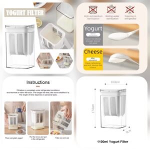 1100ml Greek Yogurt Strainer & Whey Separator – Fine Mesh Food-Grade Greek Yogurt Maker & Cheese Strainer Container